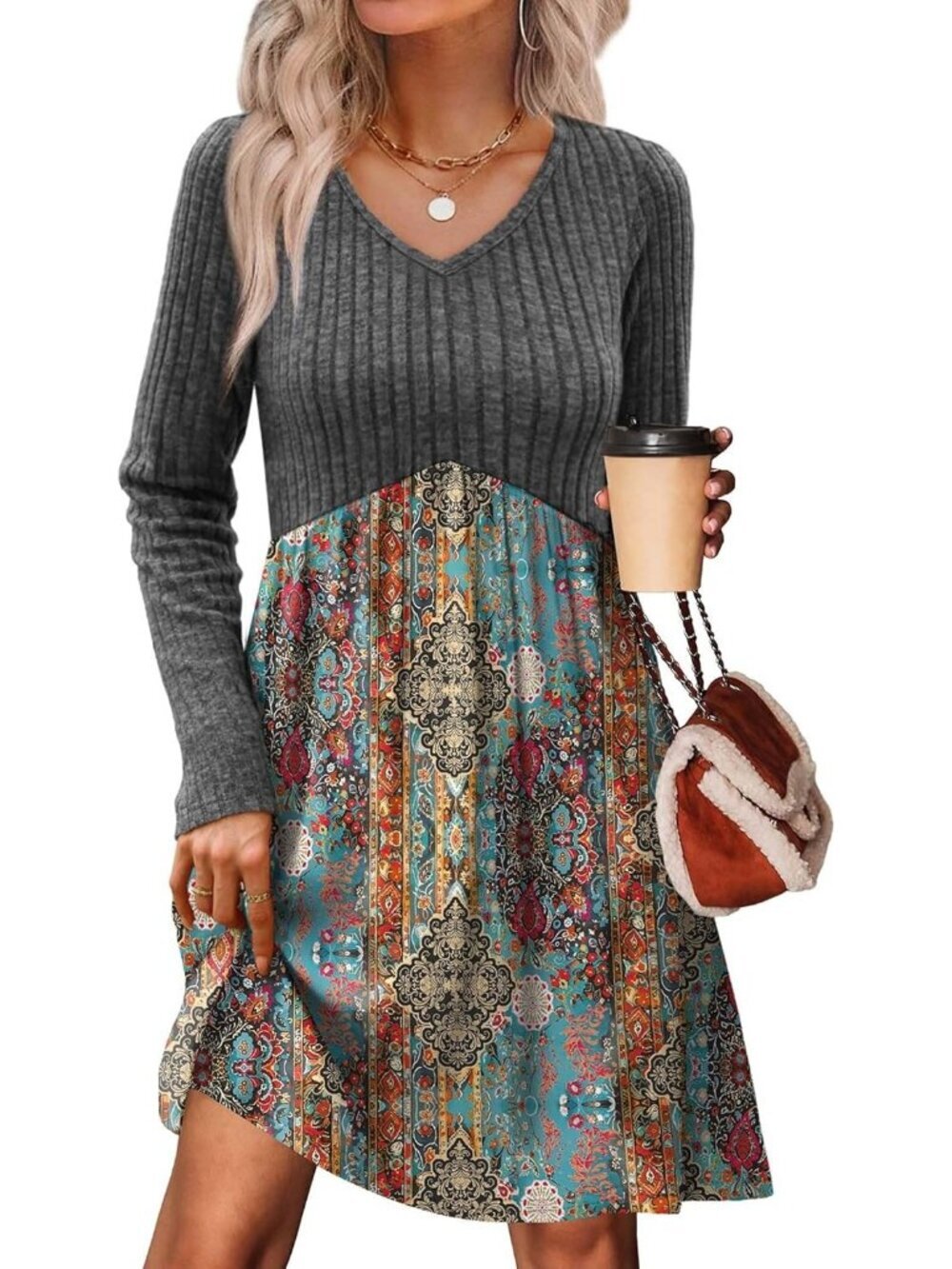 Women's Grey Blue Orang Floral Waist Baby Doll Long Casual Pocket Mini Dress